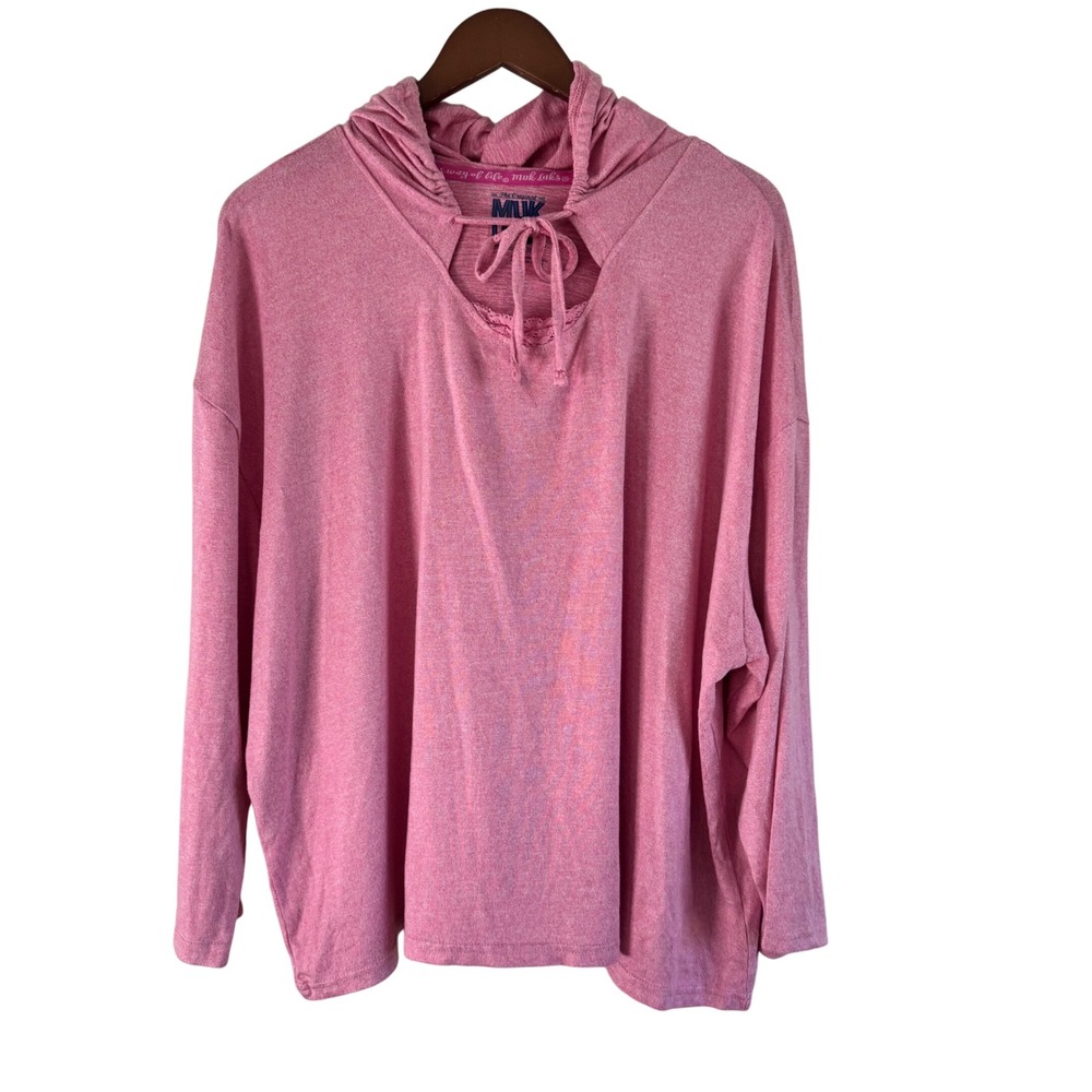 MUK LUKS Hoodie Pullover Top Keyhole Drawstring Pink Comfy Athleisure 2X